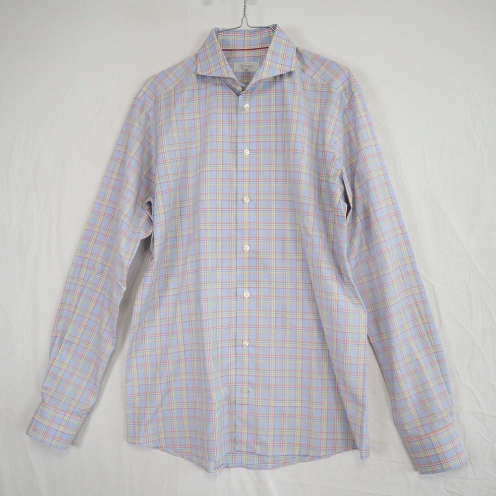 Eton Shirt Mens 41/16 Slim Fit Business Casual Button Colorful Plaid Long Sleeve